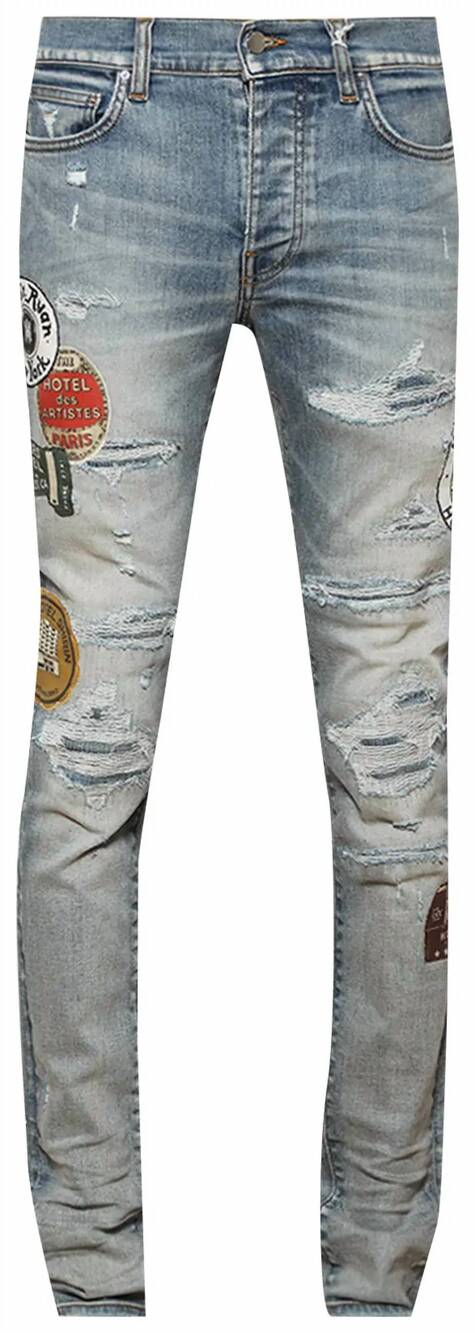 NEW AMIRI men's travel patch repair jeans in antique indigo